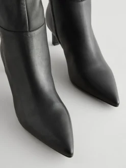 Next Knee High Skinny Heeled Boots Black Leather Sale