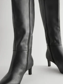 Next Knee High Skinny Heeled Boots Black Leather Sale