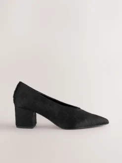 Next Leather Point Toe Low Block Heels Shoes Black Clearance