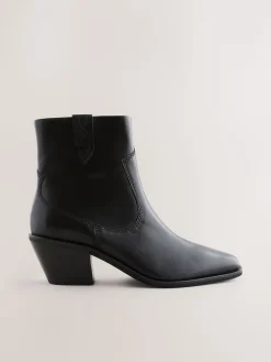 Next Standard/Wide Fit Cowboy Block Heel Ankle Boots Black Leather Outlet
