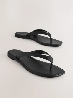 Next Standard/Wide Fit Square Toe Thong Sandals Black Leather Discount
