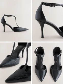 Next Leather T-Bar Pointed Toe Heels Black Lizard Effect Sale