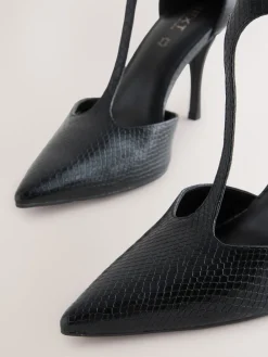 Next Leather T-Bar Pointed Toe Heels Black Lizard Effect Sale