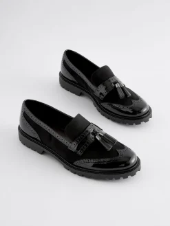 Next Standard/Wide Fit Tassel Detail Cleated Chunky Loafer Shoes Black Mix New