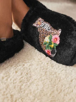 Next Black Mule Faux Fur Lepord Slippers New