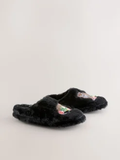 Next Black Mule Faux Fur Lepord Slippers New
