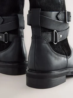 Next Forever Comfort® Borg Lined Buckle Trim Ankle Boots Black Oiled Leather Best