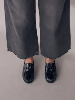 Next Forever Comfort® Bow Detail Ruched Toe Loafers Black Patent Discount