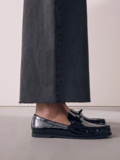 Next Forever Comfort® Bow Detail Ruched Toe Loafers Black Patent Discount