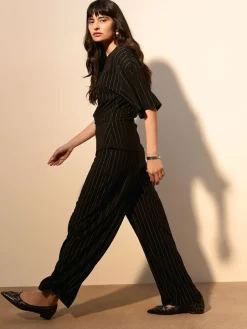 Next Waisted Wide Leg Trousers Black Pinstripe Outlet
