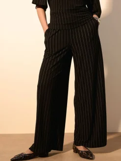Next Waisted Wide Leg Trousers Black Pinstripe Outlet