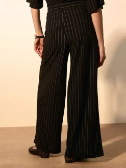 Next Waisted Wide Leg Trousers Black Pinstripe Outlet