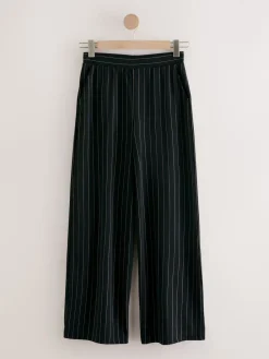 Next Waisted Wide Leg Trousers Black Pinstripe Outlet