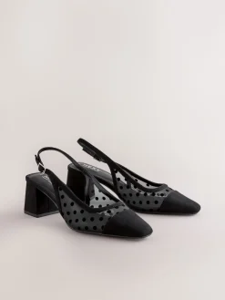 Next Forever Comfort® Square Toe Slingback Block Heels Black Polkadot New