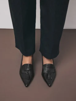 Next Premium Leather With Motionflex Point Toe Tassel Heels Loafers Black Discount