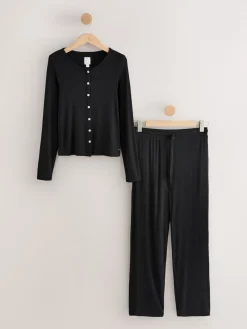 Next Ribbed Long Sleeve Pyjamas Black New