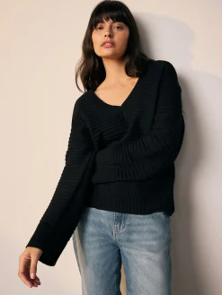 Next Ribbed V-Neck Knitted Jumper Black Outlet