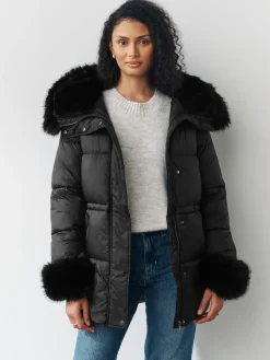 Next Black Short Padded Coat with Faux Fur Trim Hood and Cuffs Hot