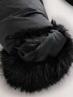 Next Black Short Padded Coat with Faux Fur Trim Hood and Cuffs Hot