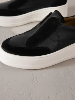 Next Slip On Signature Leather Chunky Wedge Platform Trainers Black Clearance