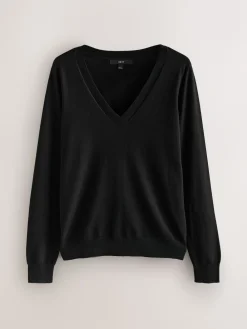 Next Black Soft Touch V-Neck Cotton Rich Jumpers 2 Pack New