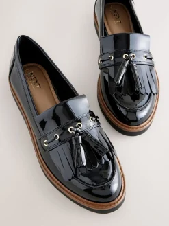 Next Standard/Wide Fit Chunky Patent Tassel Detail Loafers Black Discount