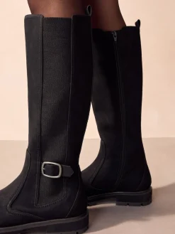 Next Standard/Wide Fit Knee High Buckle Chelsea Boots Black Sale