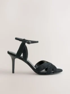 Next Forever Comfort® Leather Lattice Front Heeled Sandals Black Suede New