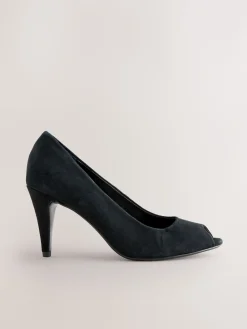 Next Premium Leather Peep Toe Heels Black Suede