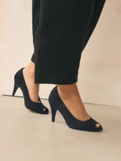 Next Premium Leather Peep Toe Heels Black Suede