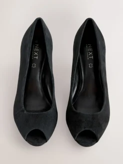 Next Premium Leather Peep Toe Heels Black Suede