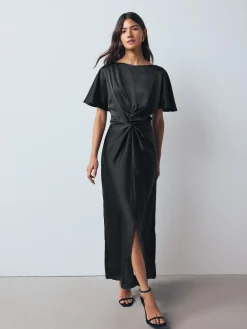 Next Textured Satin Short Sleeve Twist Front Midi Dress Black Discount