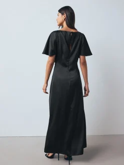 Next Textured Satin Short Sleeve Twist Front Midi Dress Black Discount