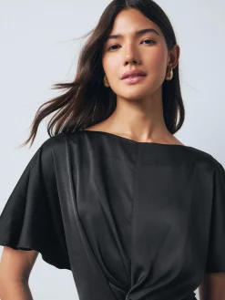 Next Textured Satin Short Sleeve Twist Front Midi Dress Black Discount