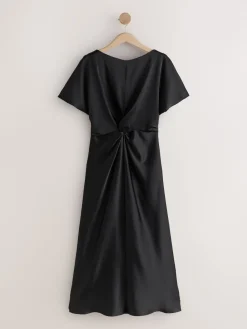 Next Textured Satin Short Sleeve Twist Front Midi Dress Black Discount