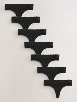 Next Thong Cotton and Lace Knickers 7 Pack Black Clearance