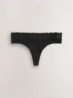 Next Thong Cotton and Lace Knickers 7 Pack Black Clearance