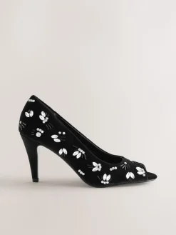 Next Black Velvet Forever Comfort Velvet Embellished Peep Toe Heels Hot