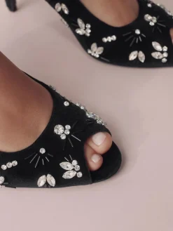 Next Black Velvet Forever Comfort Velvet Embellished Peep Toe Heels Hot