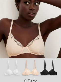 Next Black/ White/Pastel Rose Nude Non Pad Balcony Cotton Blend Ultimate Comfort Bras 3 Pack Best