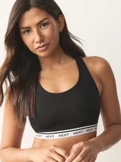 Next Black/Black/Grey/White Ultimate Comfort Cotton Logo Crop Bras 4 Pack New