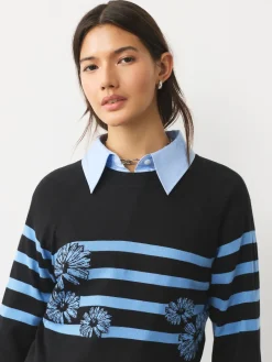 Next Black/Blue Floral Stripe Soft Touch Crew Neck Cotton Rich Jumper Best
