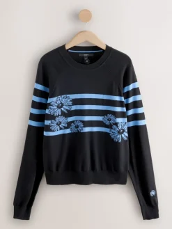 Next Black/Blue Floral Stripe Soft Touch Crew Neck Cotton Rich Jumper Best