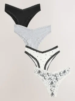 Next Extra High Leg Cotton Lace Knickers 4 Pack Black/Cream