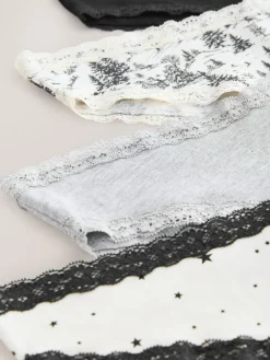 Next Extra High Leg Cotton Lace Knickers 4 Pack Black/Cream