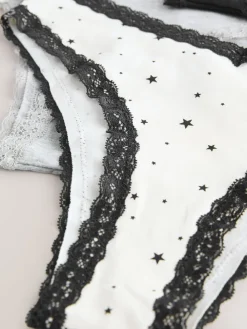 Next Extra High Leg Cotton Lace Knickers 4 Pack Black/Cream