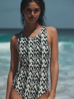 Next Essential High Neck Shaping Swimsuit Black/Cream Ikat Online