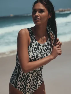 Next Essential High Neck Shaping Swimsuit Black/Cream Ikat Online