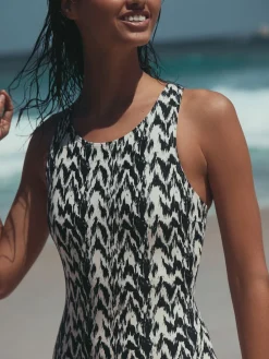 Next Essential High Neck Shaping Swimsuit Black/Cream Ikat Online