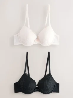 Next Black/Cream Pad Plunge Embroidered Bras 2 Pack Outlet